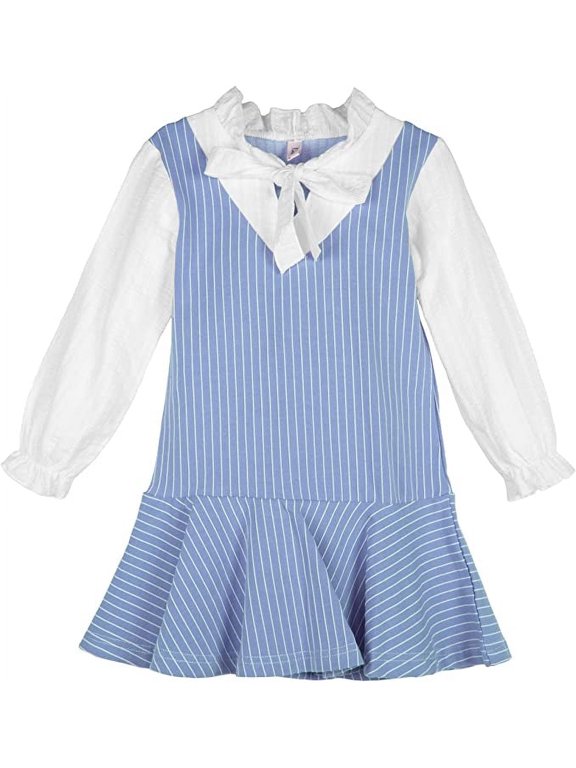 Toddler Little Girls Long Sleeve Dress Ribbon Bowknot Stripe Blouse Shirts Dresses Blue 5-6 Year