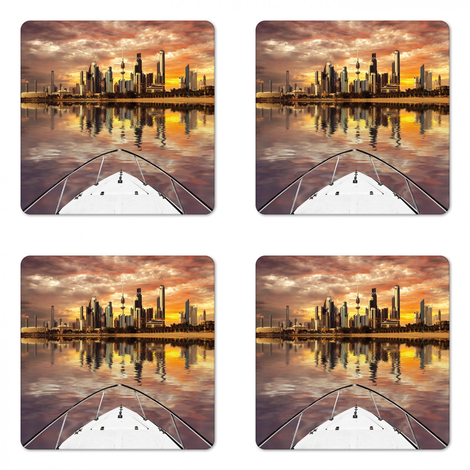 Travel Coaster Set of 4, Kuwait City Skyline from Sailboat Majestic Sky