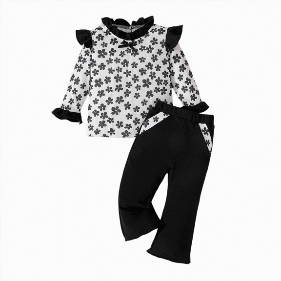 UAYOTSE Girls White Floral Ruffled Flutter Sleeve Top Patchwork Flared Pants 2Pcs Set Size 12-18 Months