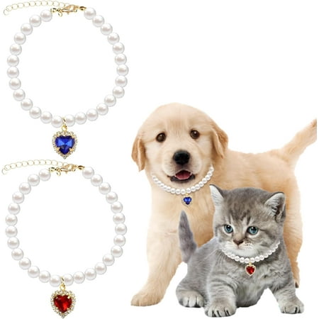 2 Pcs Pearl Cat Necklace Cat Collar with Rhinestone Heart Pet Jewelry Accessories Birthday Wedding Collar for Cats Puppy Dress Accessories (Blue  Red)