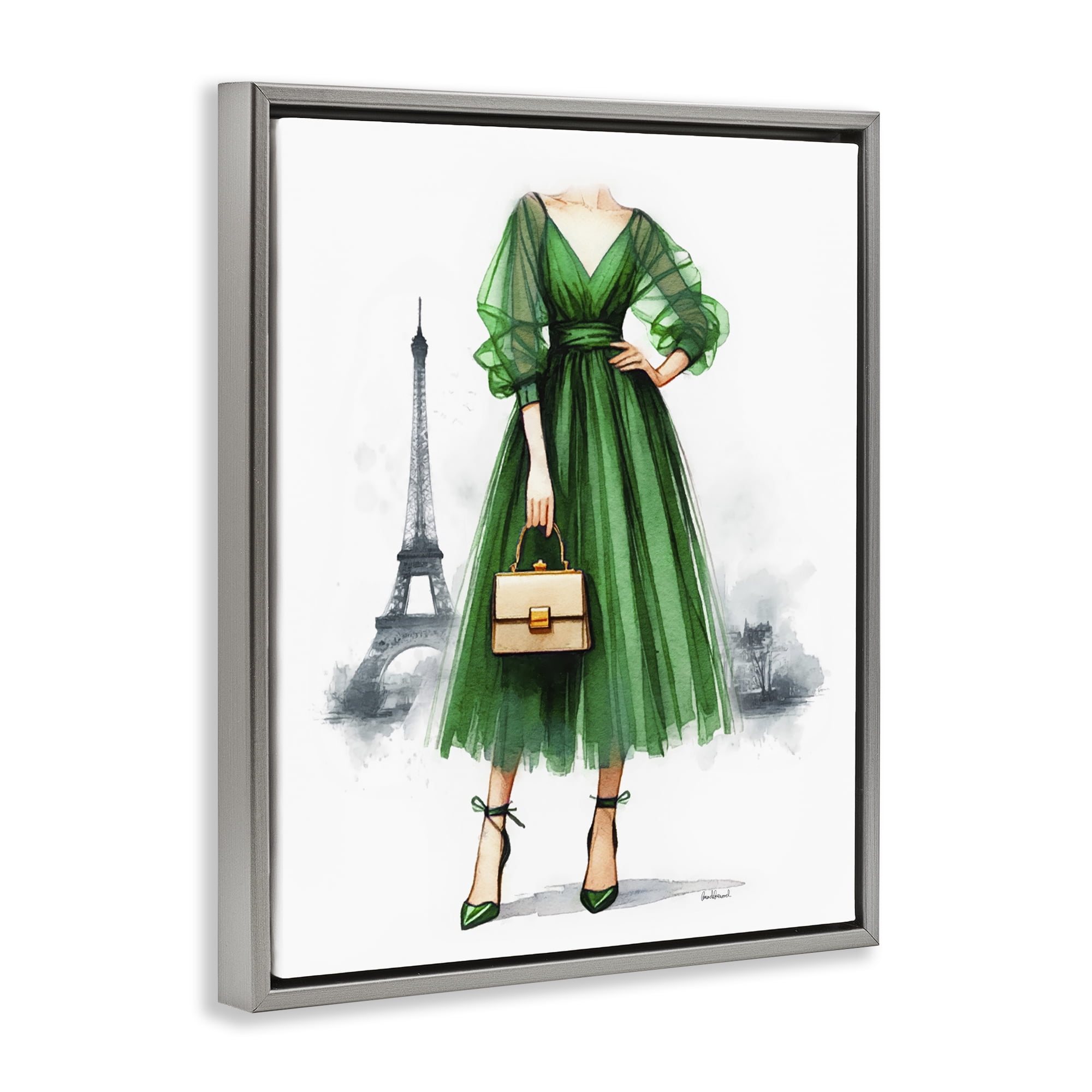 Stupell Industries Parisian Green Dress Fashion Painting Gray Floater Framed Canvas Art Print Wall Art, 25 x 31
