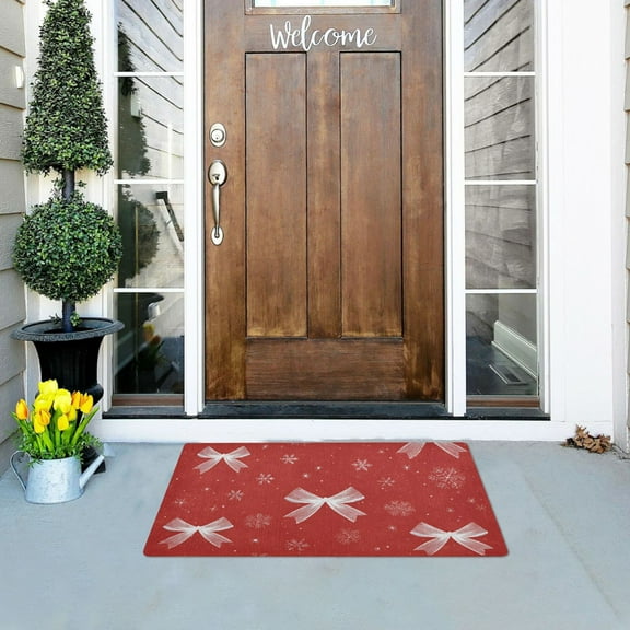 Red Background Snowflakes White Bows Christmas Doormats Welcome Mats Gate Pads Entryway Outdoor 32" x 20"