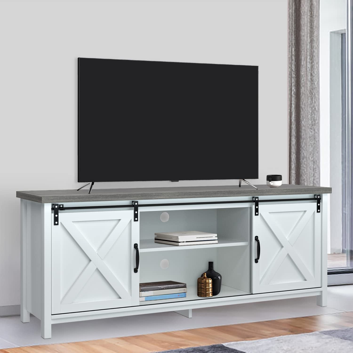 Reliancer Modern Farmhouse TV Stand with Sliding Barn Doors, Media