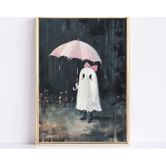 Kna Prints - 1 Pc Poster Girly Ghost In Rain Painting Coquette Fall Decor Cute Spookie Pink Halloween Print Dark Ghost With Ribbon Print Pink Bow Autumn Home Decor, UNFRAMED-8x12
