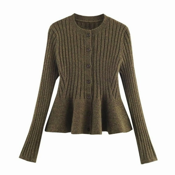 Cropped Sweaters For Women Sevevn Women's Round Neck Long Sleeve Sweater Ruffled Hem Slim Solid Color Knitted Cardigan