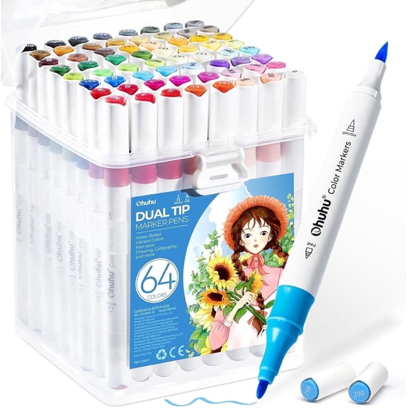 Ohuhu Markers Brush & Fine No Bleeding 64 Colors Water-Based Coloring Markers for Adult, Beginners Coloring Books
