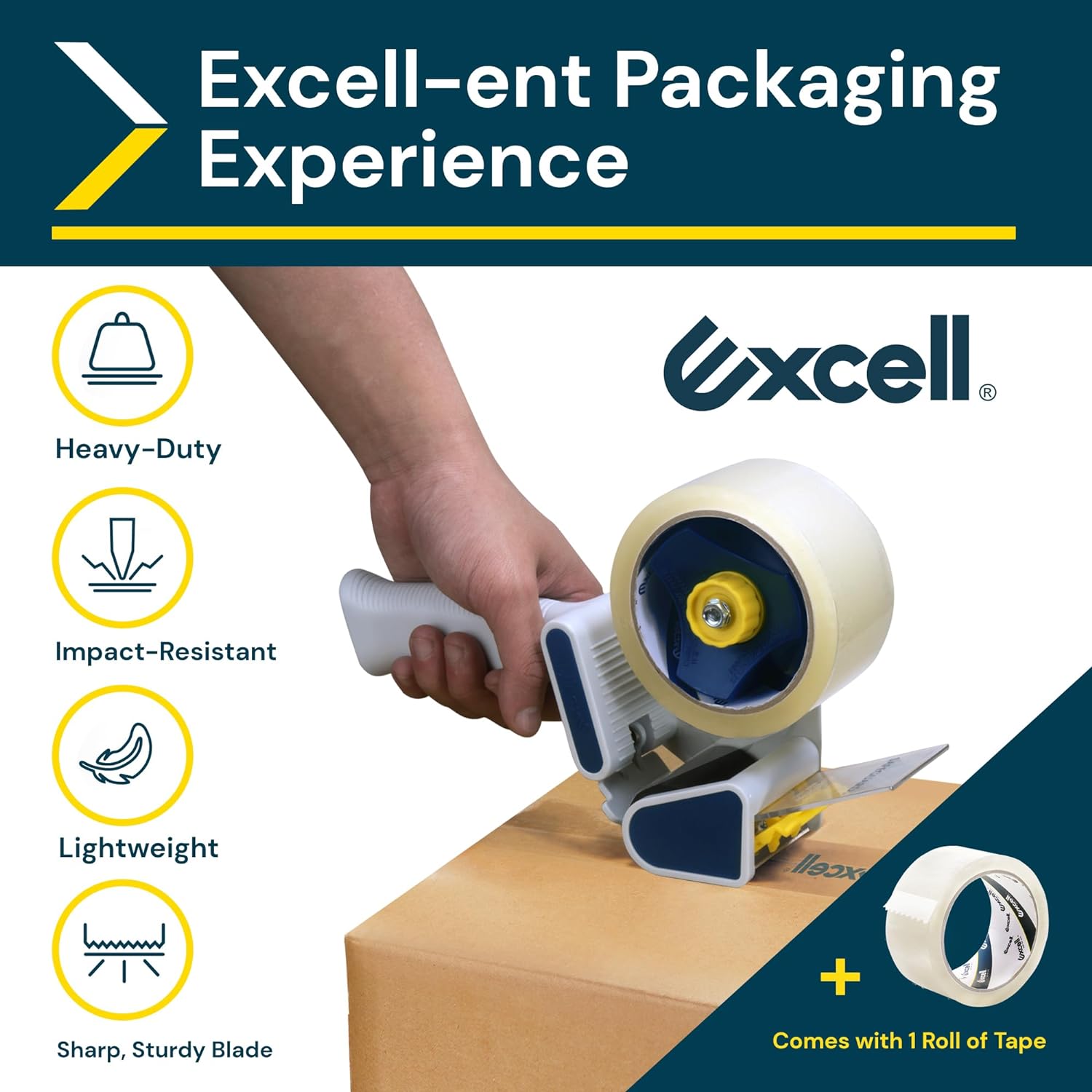 Excell Safeguard Packing Tape Dispenser with 1 Roll – 2 Inch Wide Tape Gun for Packaging, Box Sealing, and Carton Sealing