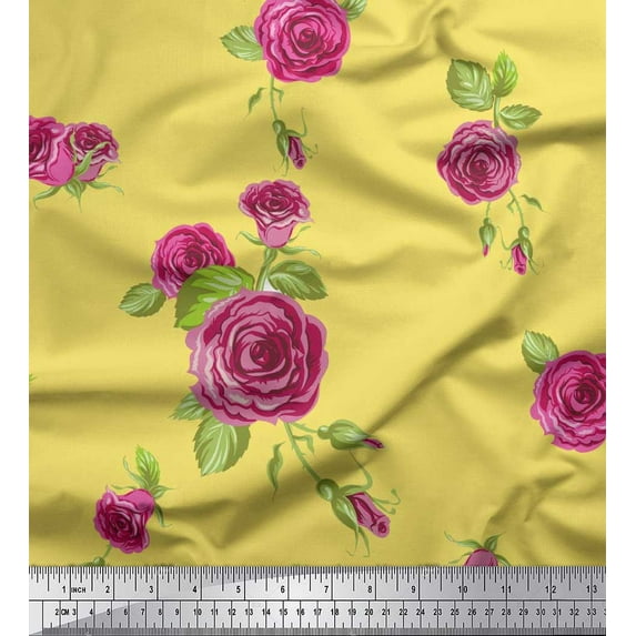 Soimoi Yellow Cotton Voile Fabric Leaves & Pink Rose Flower Decor Fabric Printed BTY 42 Inch Wide