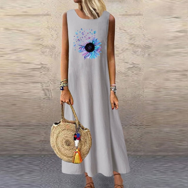 pstuiky Robes pour Femmes pour l'Été, Robes pour Femmes Mode Été Décontractées Col Rond Sans Manches avec Poche Vacances Plage Longue Robe Robes d'Invitée de Mariage Liquidation