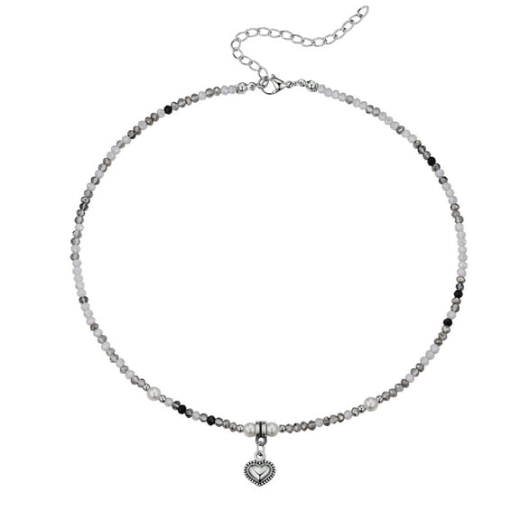 Dolce Giavonna Silver Plated Heart Pendant & Gray Bead Necklace