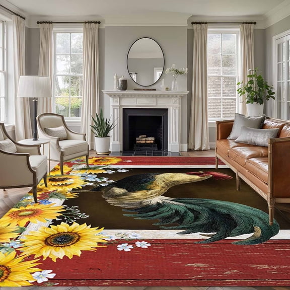 Large Area Rugs for Living Room Bedroom, Chicken Sunflowers 8'x10' Rug Washable Carpet Runner Indoor Outdoor, Farmhouse Animals Red Barn Bees Non Slip Floor Mats Rug for Kitchen, Patio
