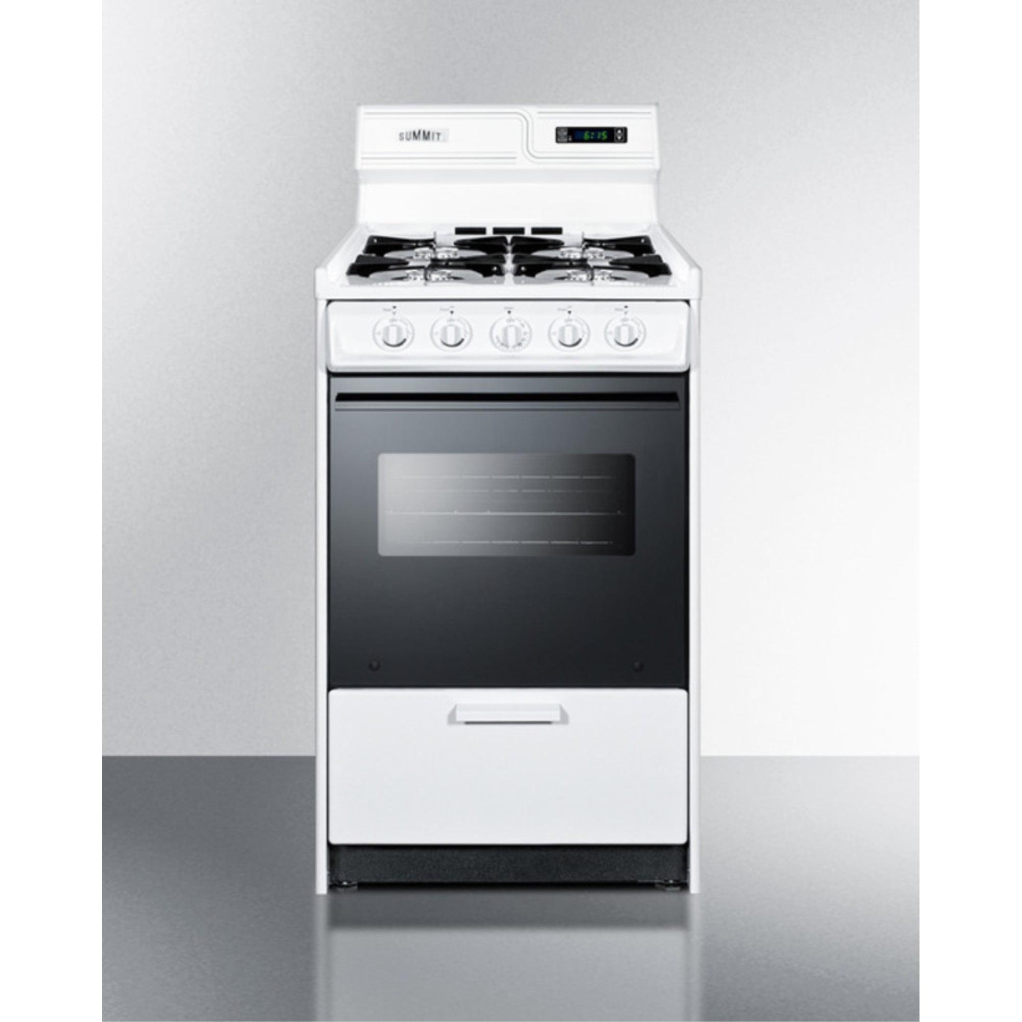 20" wide gas range in white with open burners, black door, oven window, high backguard, and spark ignition