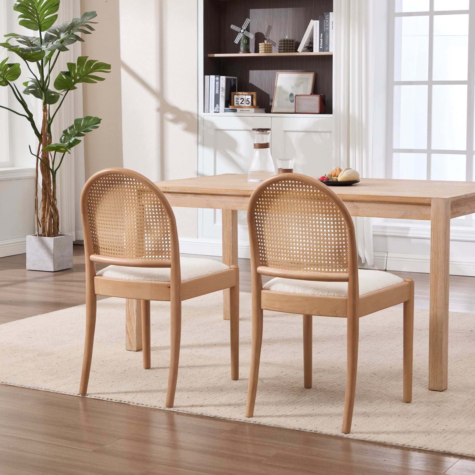 Leumius Rattan Dining Chairs Set of 2, Upholstered Linen Dining Room Chairs with Backrests, Modern Kitchen Chairs with Wood Legs for Dining Room, Beige