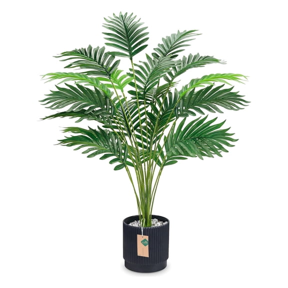 28 Inch Fake Tropical Palm Tree Large Artificial Faux Plants Low Maintenance Dust Resistant with Black Pot for Indoor Bathroom Outdoor Porch Patio Home Decorations