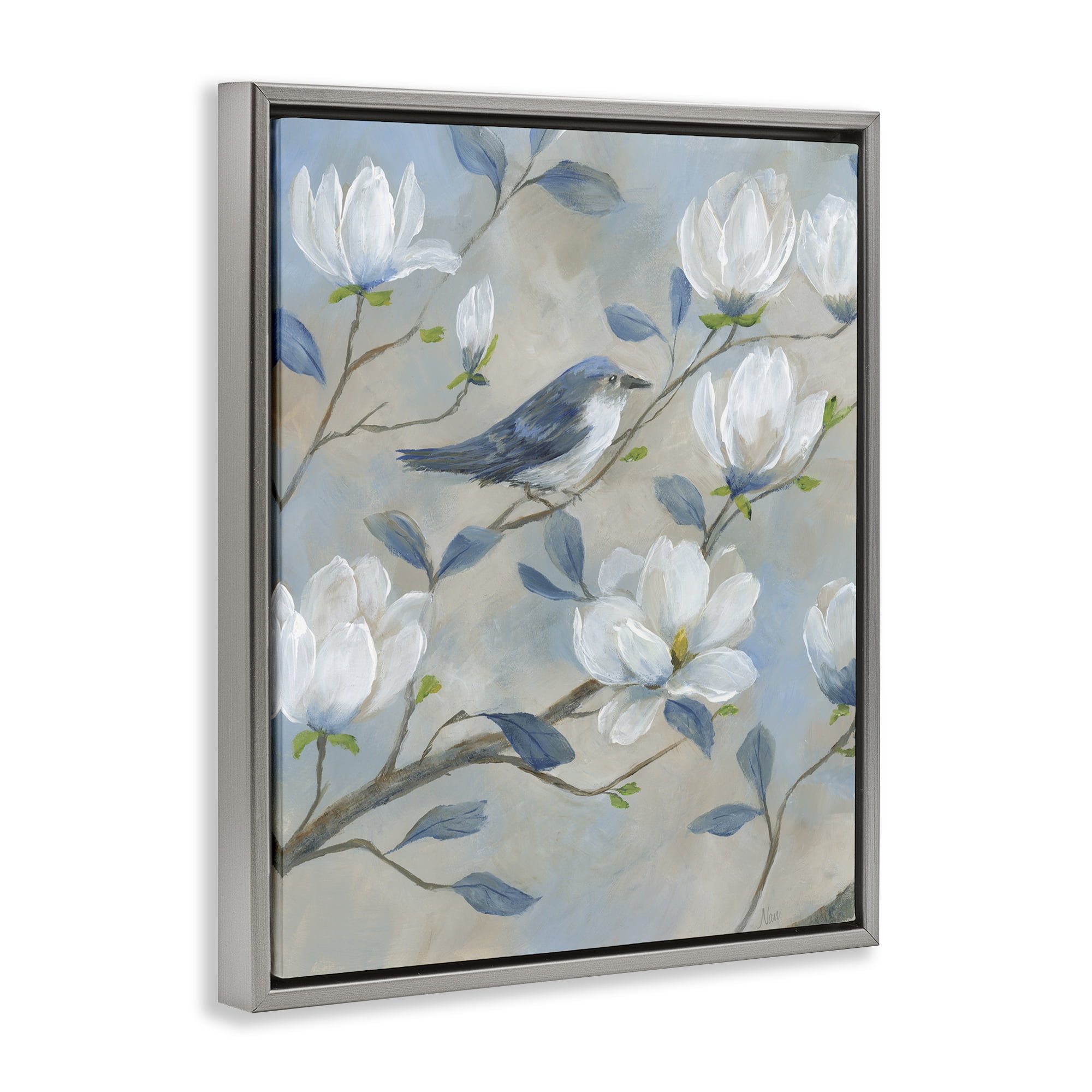 Stupell Industries Blue Bird & Magnolia Gray Framed Floater Canvas Wall Art, design by Nan