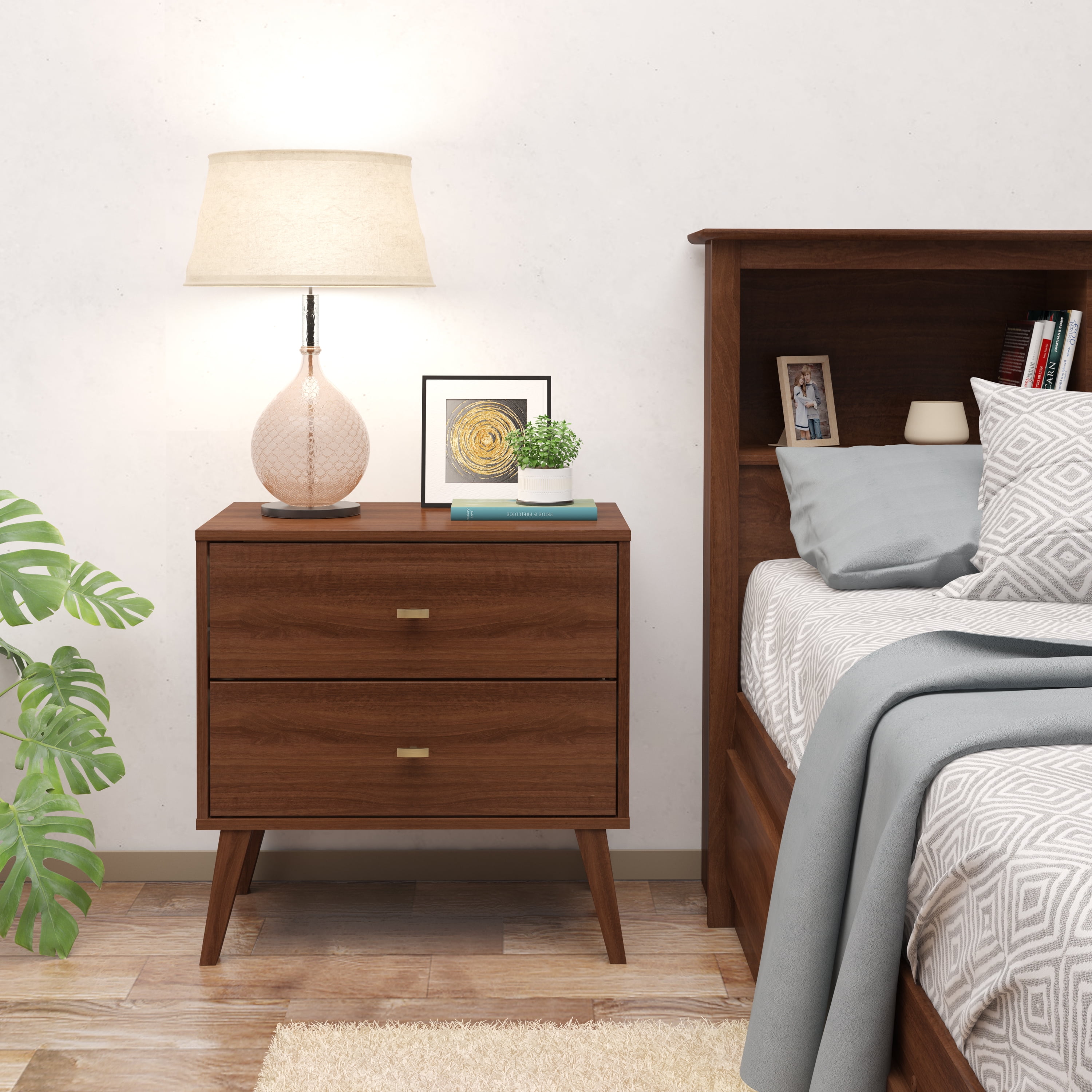 Prepac Milo Mid-Century Modern 2-Drawer Nightstand, 16"D x 25"W x 25"H, Cherry
