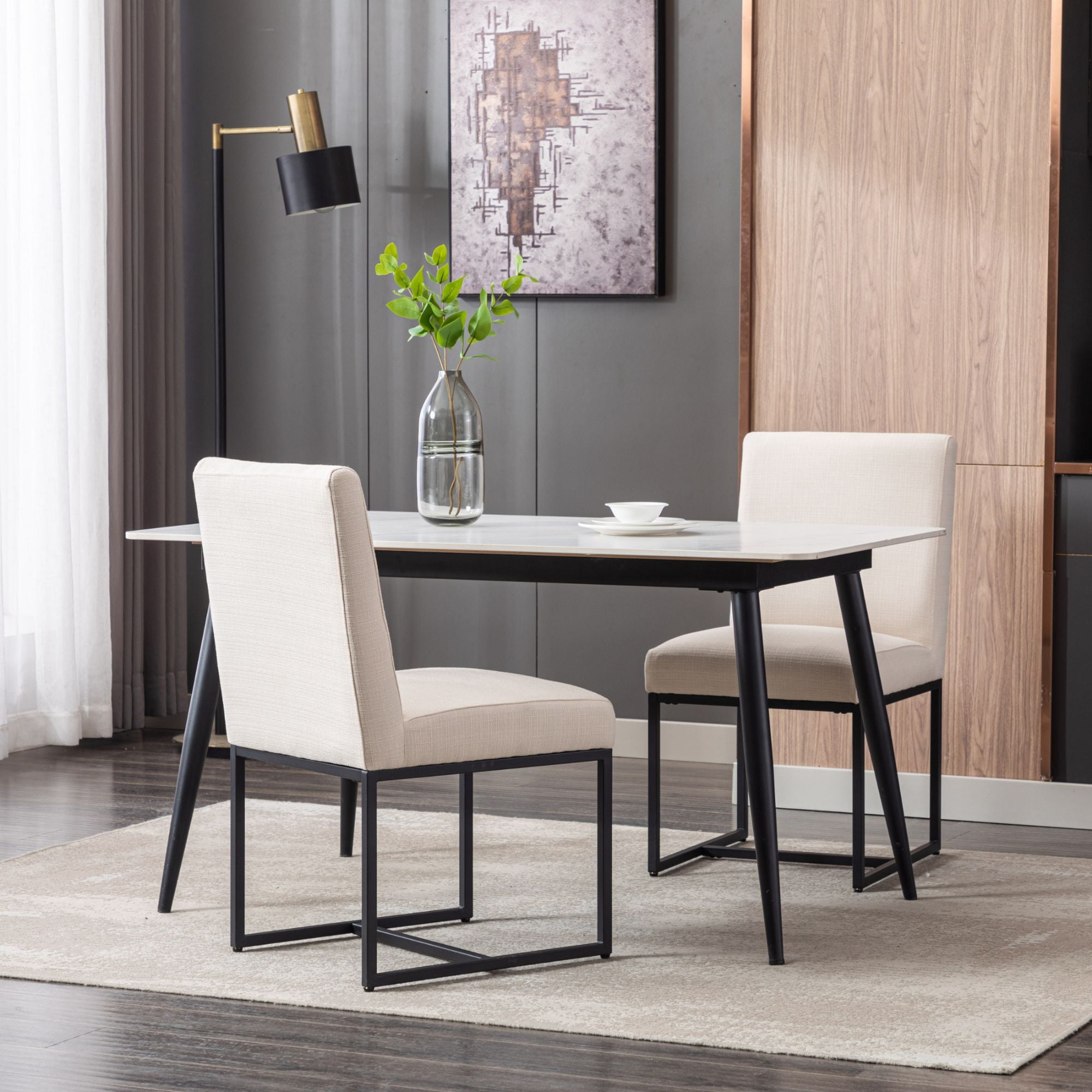 Dayalane Mid Century Modern Dining Chairs Set of 2, Beige Linen Upholstered Kitchen & Dining Room Chairs with Black Metal Frame, Armless Side Chairs for Living Room"