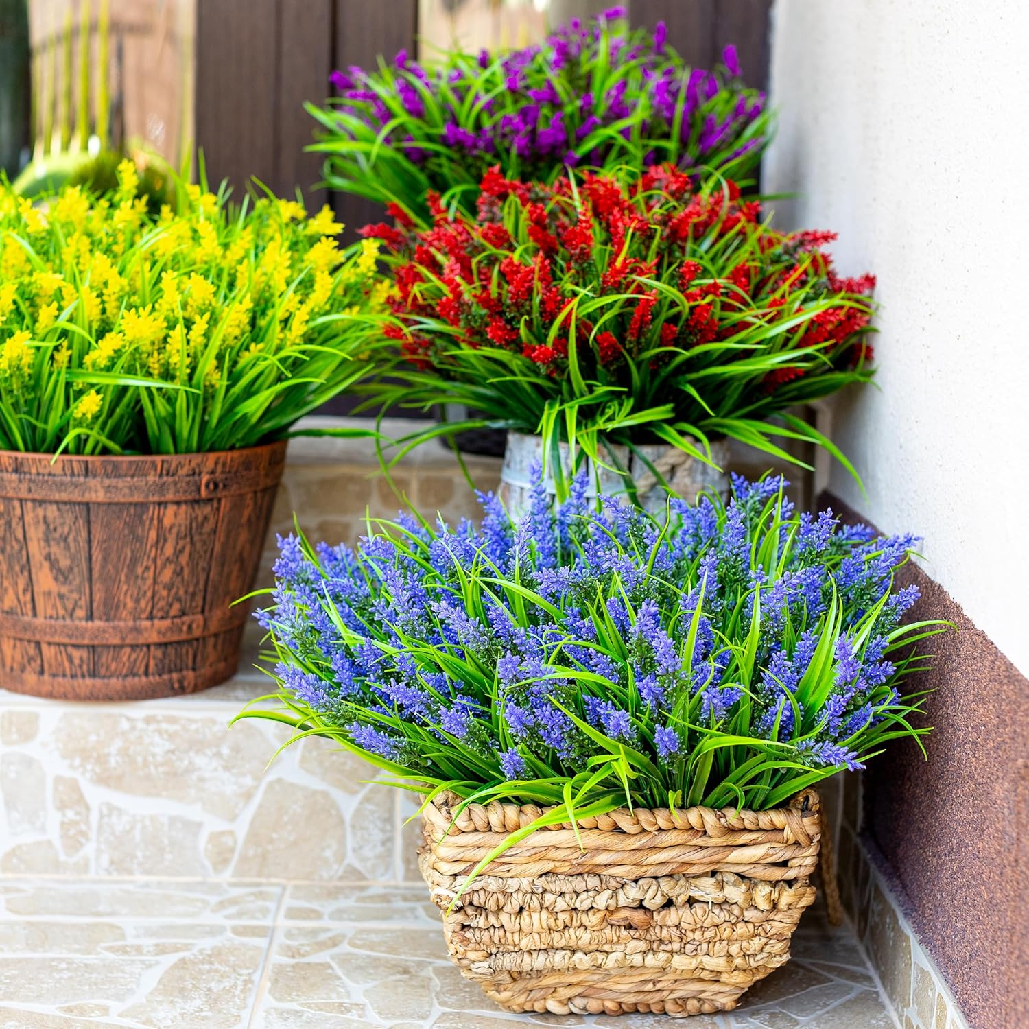 4PCS Artificial Flowers for Outdoors, Fake Lavender with Grass UV Resistant Plastic Faux Autumn Plants for Garden Thanksgiving Home Decor (Purple)
