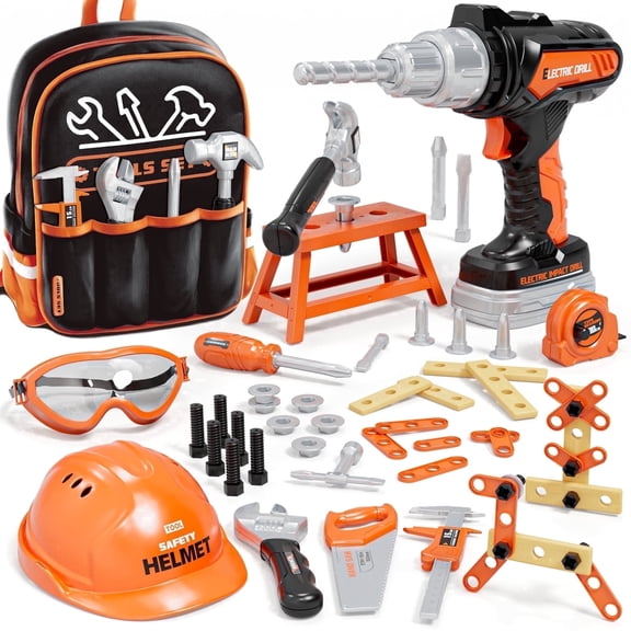 Sunnytoy Kids Tool Set with Backpack, 50 PCS Toddler Pretend Tools with Electronic Toy Drill, Safety Helmet & DIY Parts, Toys for 3 4 Year Old Boys