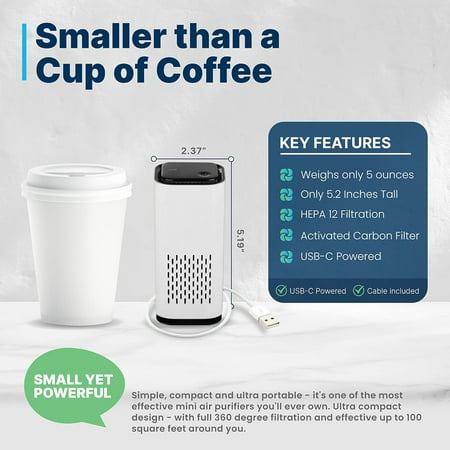 

BaiTrend Compact lightweight KIKI PURE A1 Mini HEPA USB C powered air purifier perfect travel in car desktop use Ultra portable ultra quiet operation