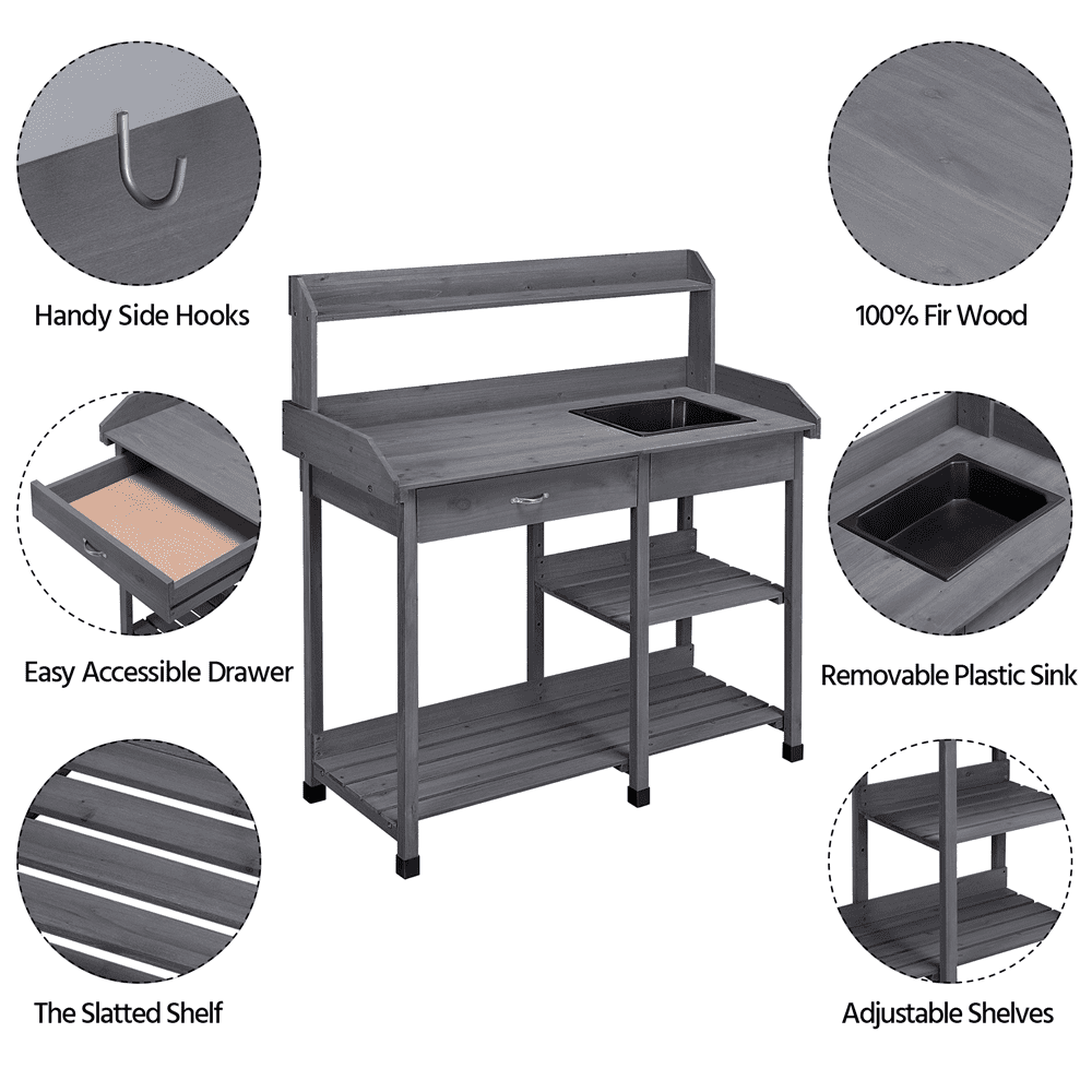 Alden design Wooden Potting Bench with Sink Drawer & 2 Shelves for Garden, Gray