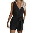 thumbnail image 2 of Daqian Womens Plus Size Shorts Womens Casual V Neck Bow Pocket Sleeveless Shorts Wide Shorts Jumpsuits Rompers Plus Size Shorts for Women Black 6(M), 2 of 4