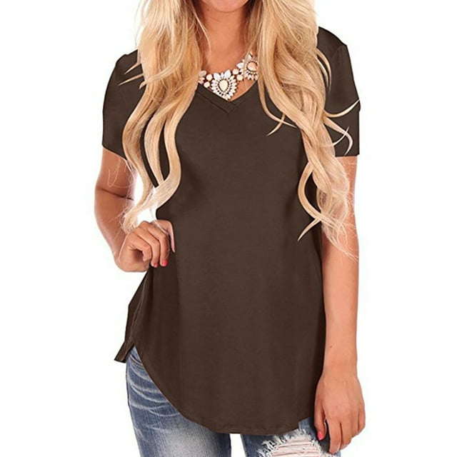 Innerwin Tee V Neck Ladies T Shirt Summer Solid Color Casual Tops Coffee 3XL