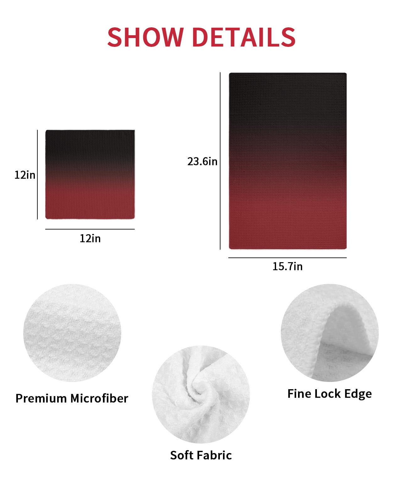 Black Red Ombre Dish Towels Set, Waffle Weave Kitchen Towels 3 Pieces, Modern Abstract Art Gradient Microfiber Hair Face Bath Tea Towel Absorbent Quick Drying Cleaning Dish Cloths 12"x12"