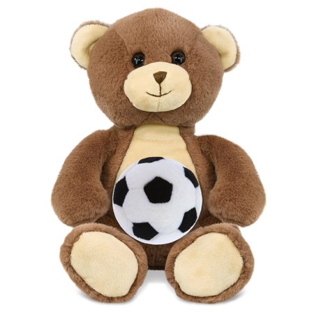 DolliBu Brown Bear Stuffed Animal with Soccer Ball Plush - Soft and Huggable Brown Bear Playtime Plush Toy Cute Wild Life Gift Super Soft Stuffed Doll Animal Toy for Kids Adults - 9 Inches