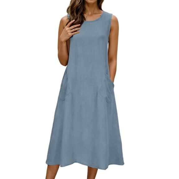 Cotton Linen Blend Dresses Lighweight V Neck Dress Short Sleeve Sundress Solid Color Beachwear Casual Vacation Outfits Blue XL