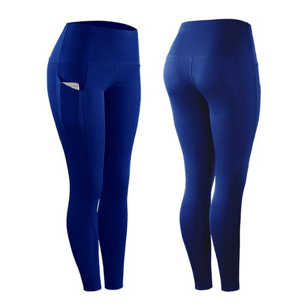 AMERTEER High Elastic Leggings Pant Women Solid Stretch Compression  Sportswear Casual Yoga Jogging Leggings Pants With Pocket Blue XXL 