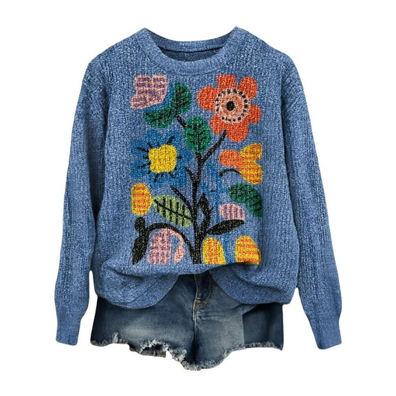 Bovemsi Womens Sweaters Lady's Autumn Print Pattern Style Pullover Knitted Sweater Fall Sweaters