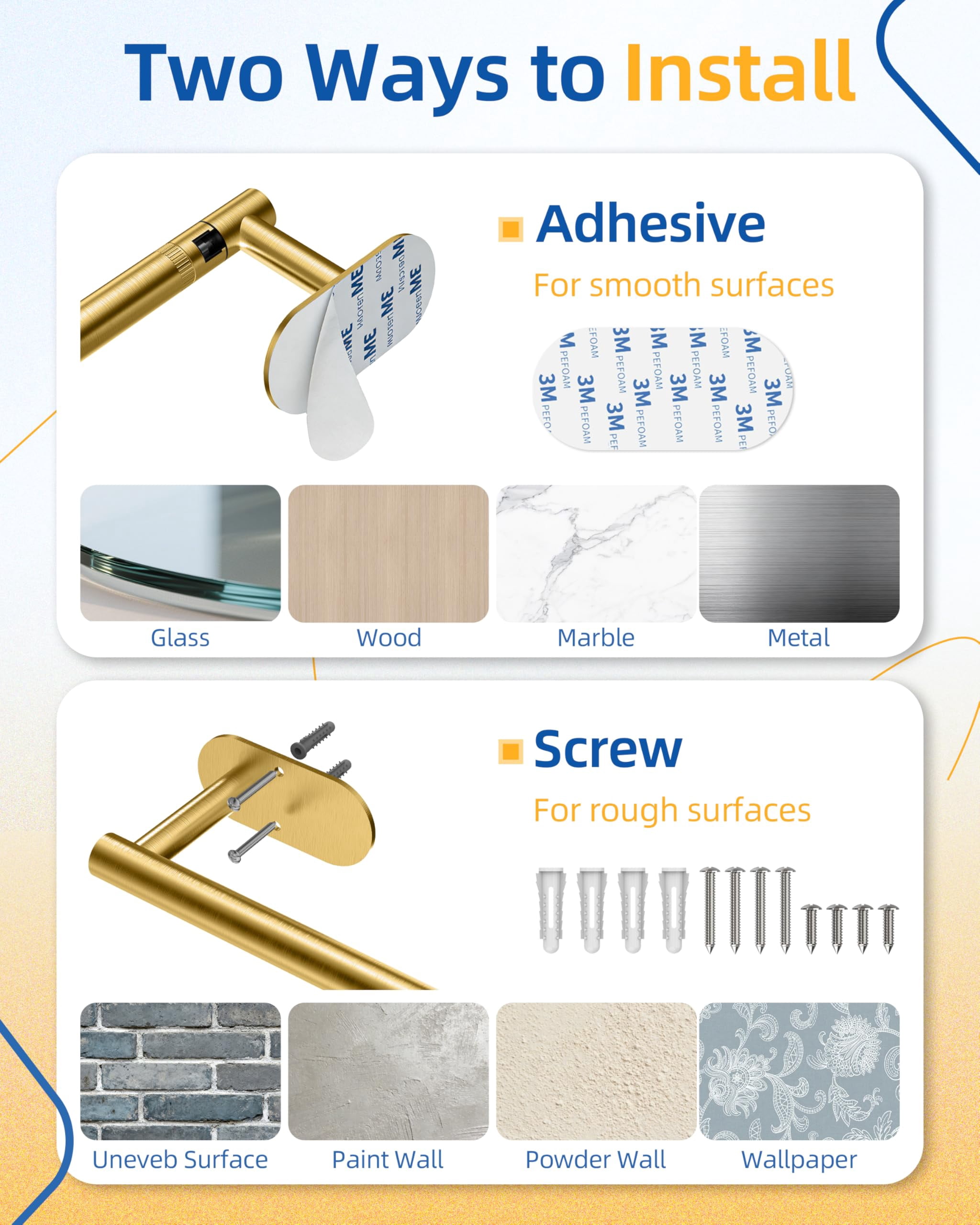 RUACQ Paper Towel Holder Under Cabinet, Self-Adhesive or Wall Mounted SUS304 Stainless Steel for Kitchen Bathroom, Brushed Gold