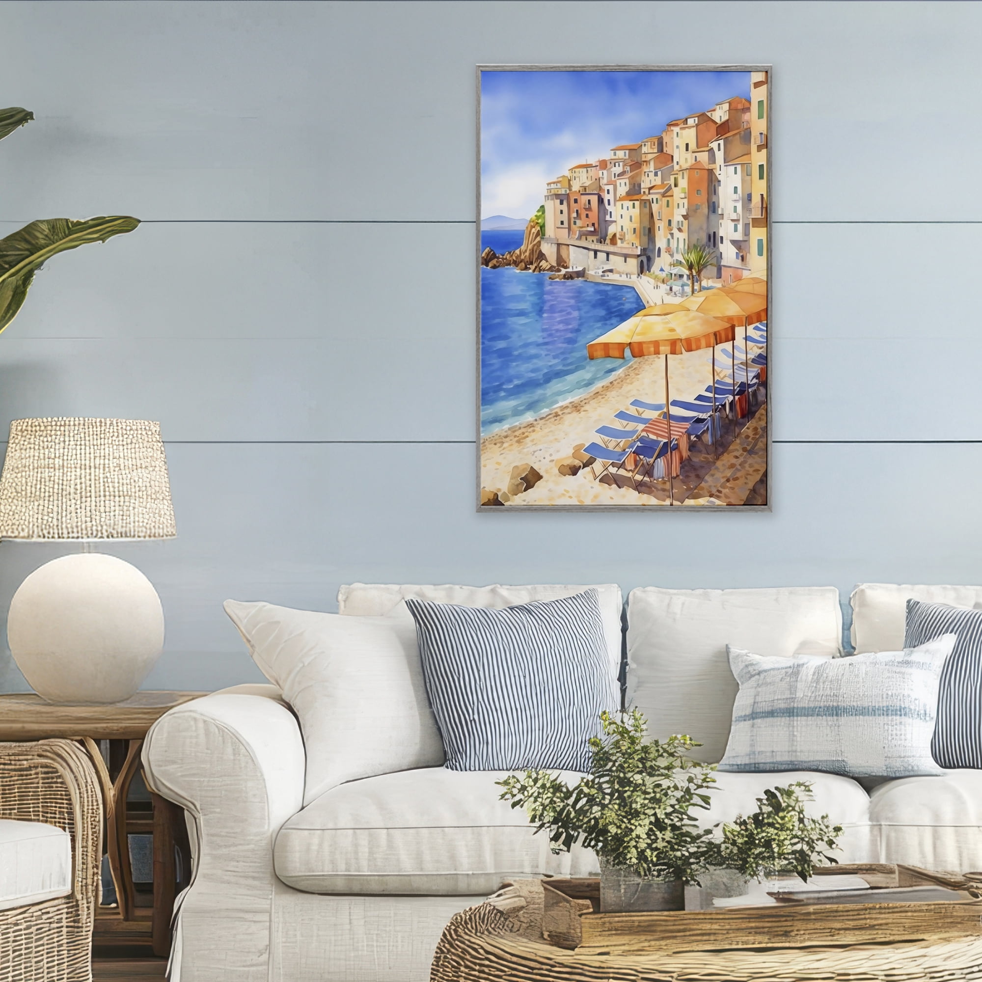 Stupell Industries Beach Lounging on Mediterranean Shore Gray Framed Giclee Art, design by Creative Studio