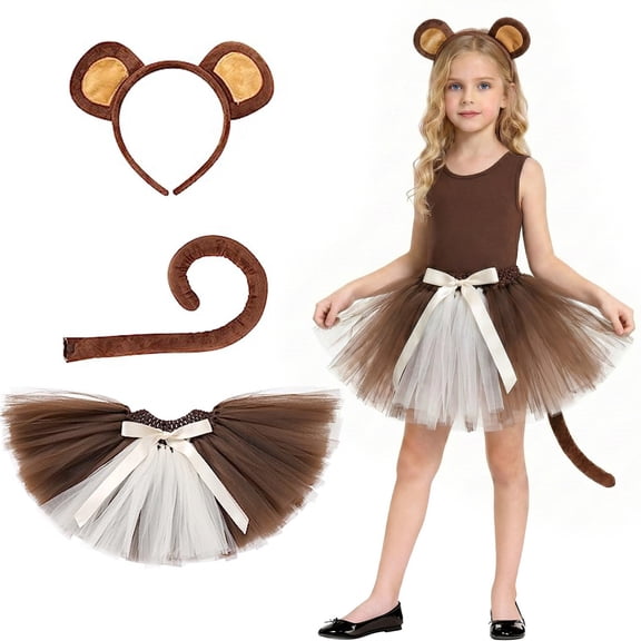 Gunia Girls Tutu Skirt Animal 4 Piece Net Waist Graphic Tee Bow Headband Tail Dress Up Princess Birthday Party Skirts For Kids Toddler Girls Brown 5-6 Years