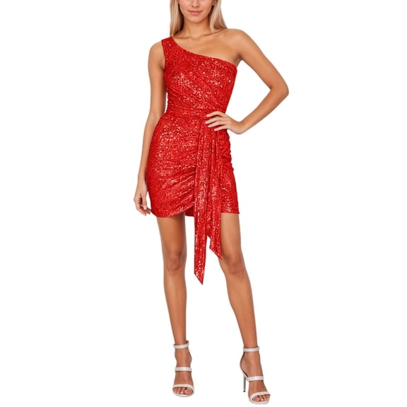 AWZXDE Women's Sleeveless Tie Belt Sequin Design Asymmetric One Shoulder Solid Pleated Short Model Fashion Dress Red,XXL