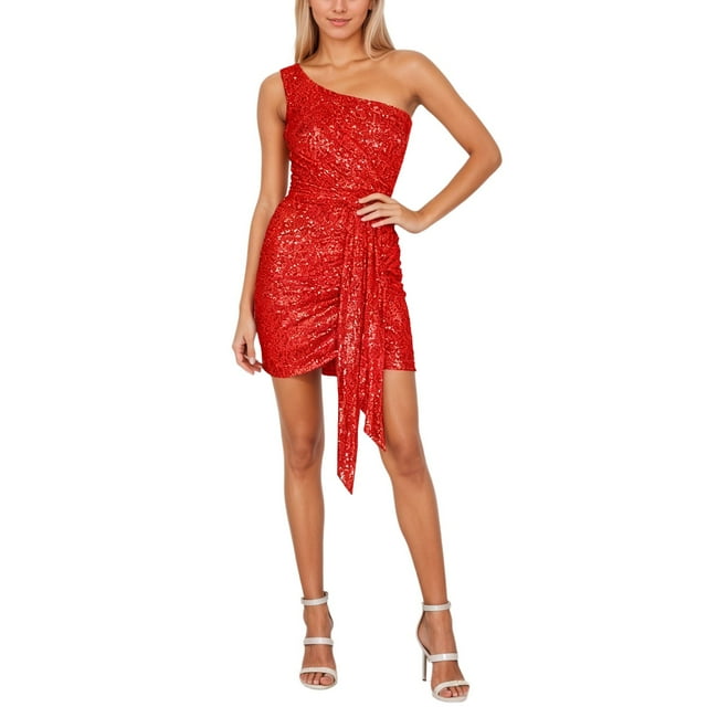 HXWCHs Women's Sleeveless Sequin Ribbon Sloping Shoulder Pleated Bodycon Party Dress XXL Red