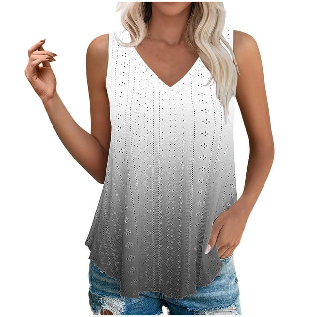Plebaso Womens Tank Tops V Neck Gradient Lightweight Eyelet Shirts Flowy Loose Summer Sleeveless Blouses