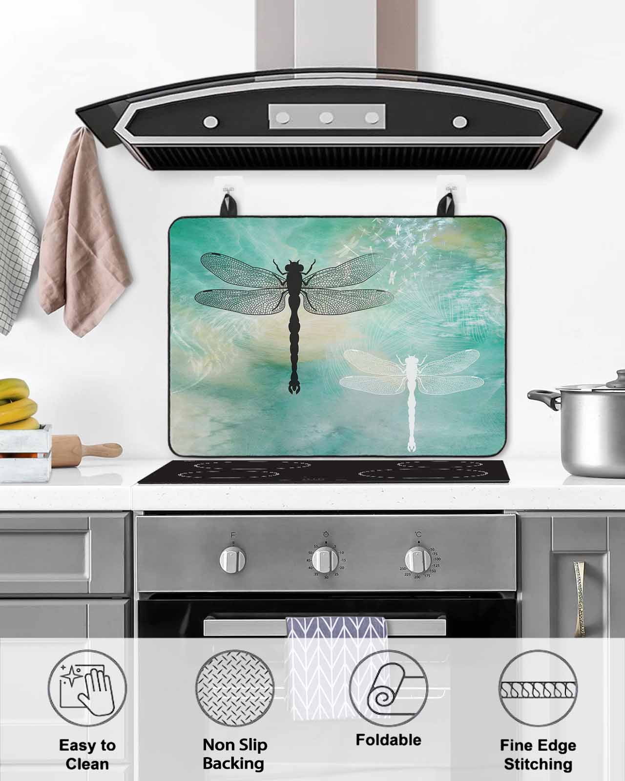 Large Induction Cooktop Protector Mat Dragonfly Stove Top Covers for Electric Stove, Modern Abstract Gradient Teal Green Decorative Stove Burner Cover Mats, Glass Top Stove Cover