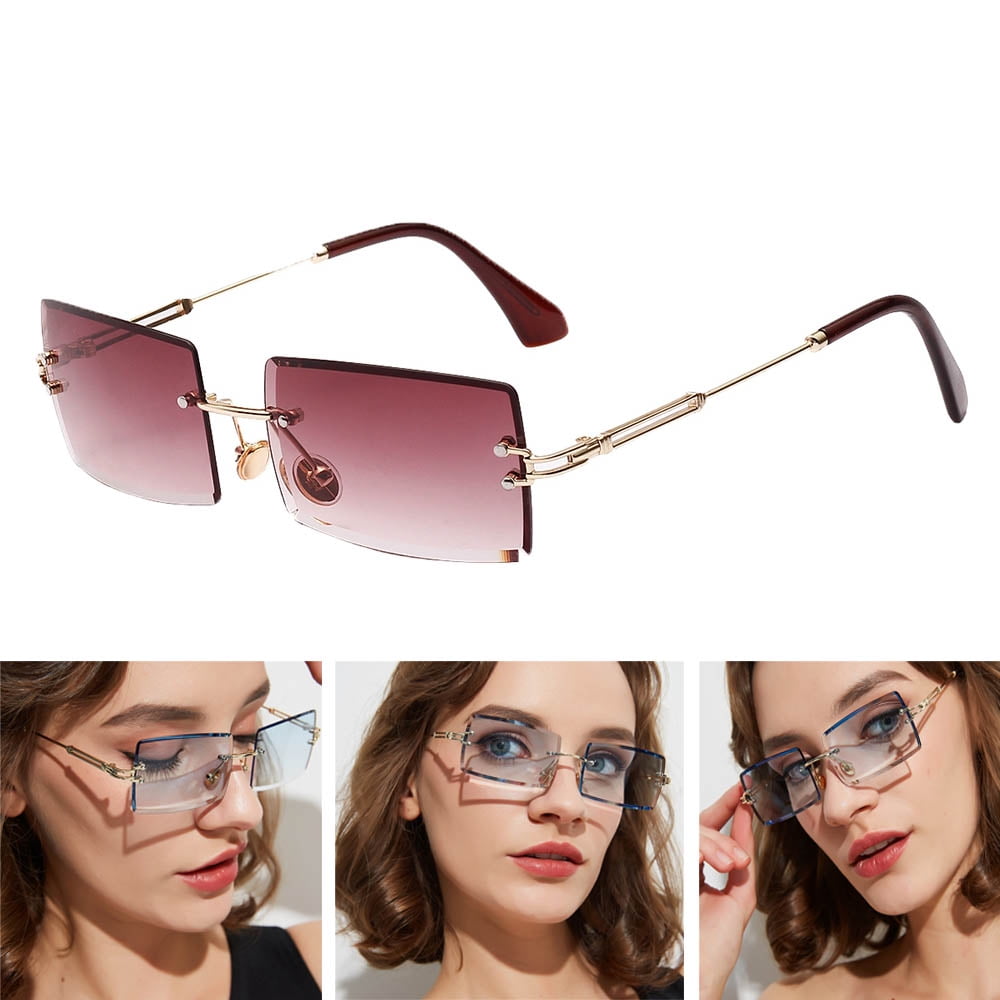 pink rimless rectangle sunglasses
