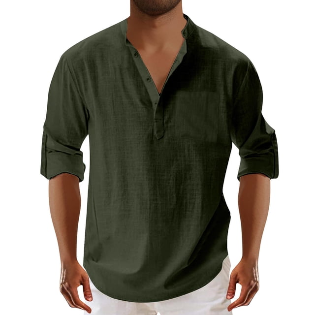 Blusa y camisa de manga larga con cuello alto para hombre, moda masculina, color liso, cuello vuelto, medio cárdigan, camisa informal con botones, blusa de algodón y poliéster para hombre