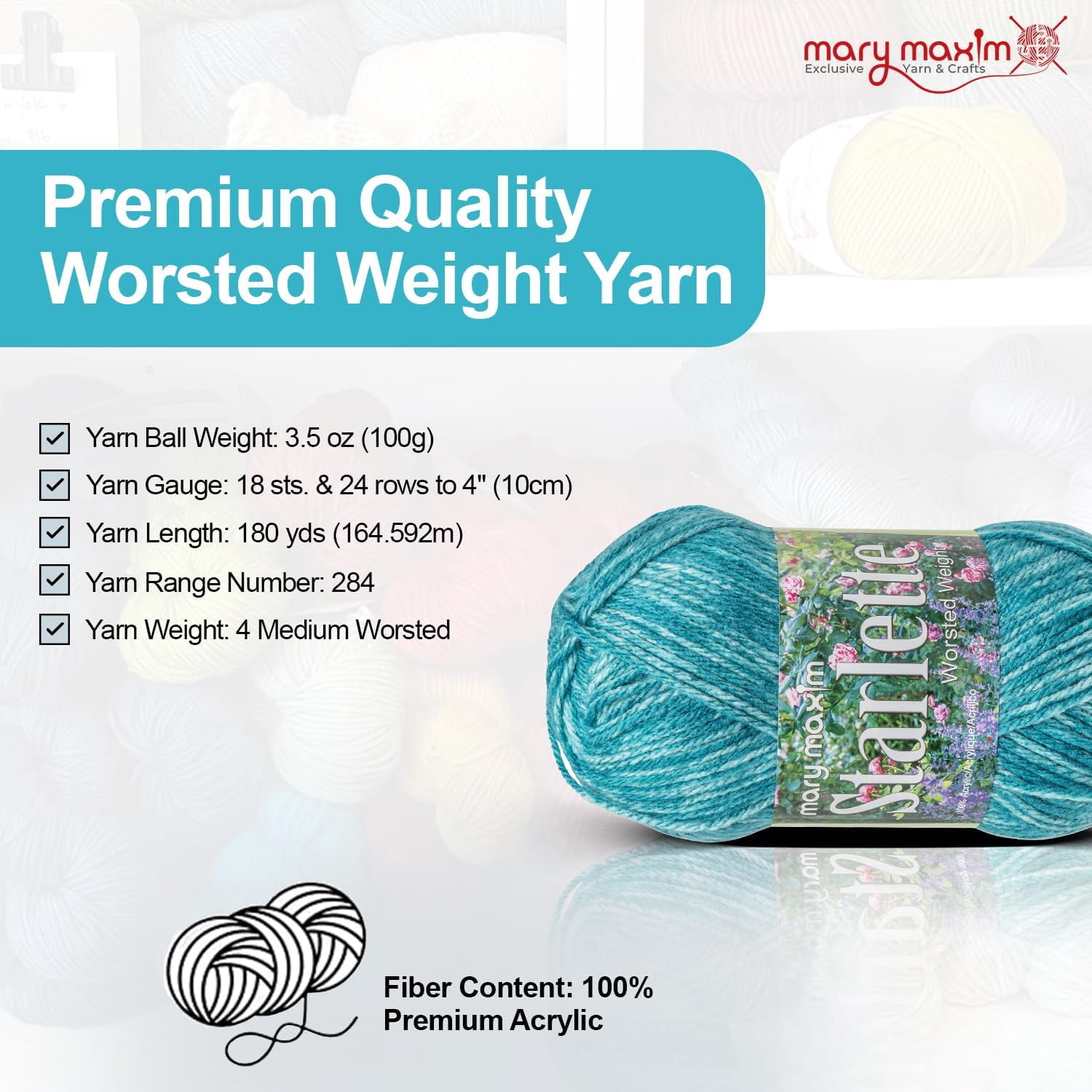Mary Maxim Starlette Crocheting Yarn - Acrylic Worsted Weight Yarn 4, Teal Heather