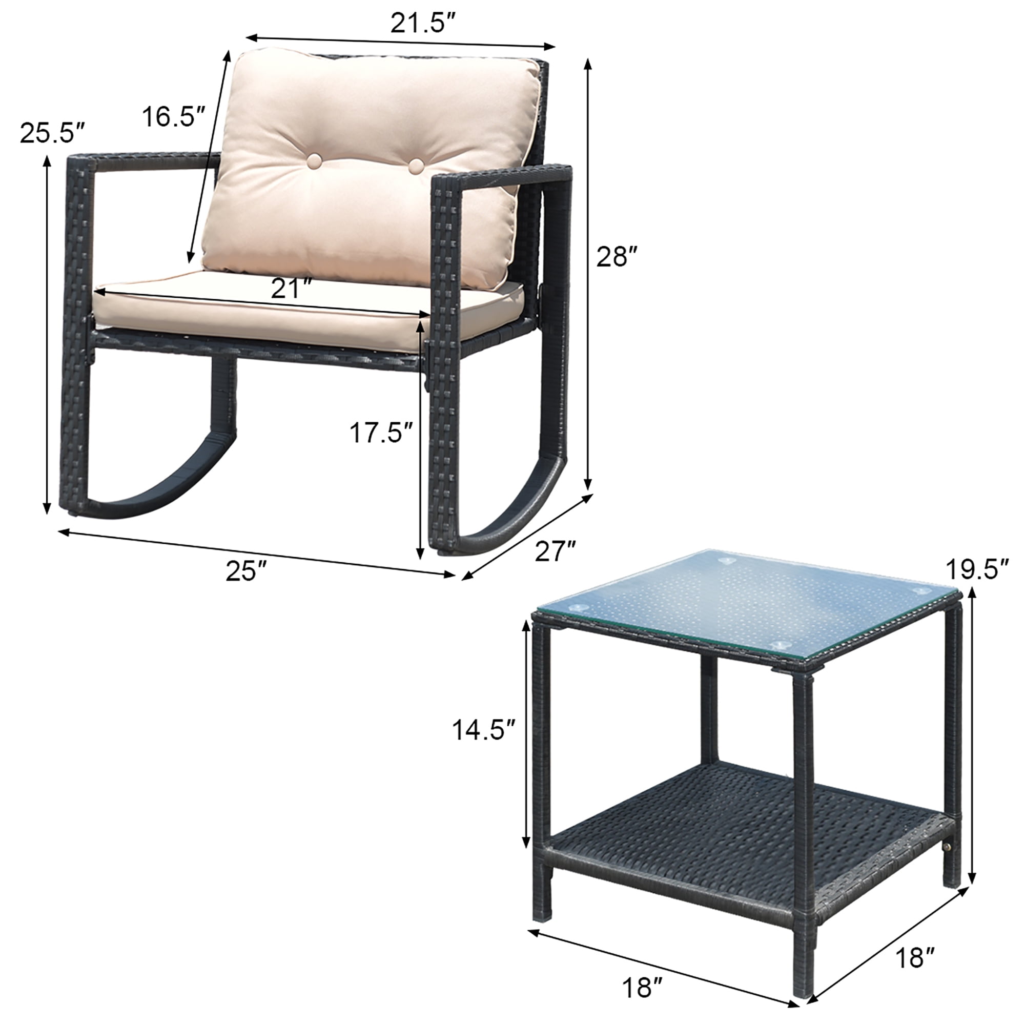 Costway 3PC Patio Rattan Conversation Set Rocking Chair Cushioned Sofa Outdoor Furniture