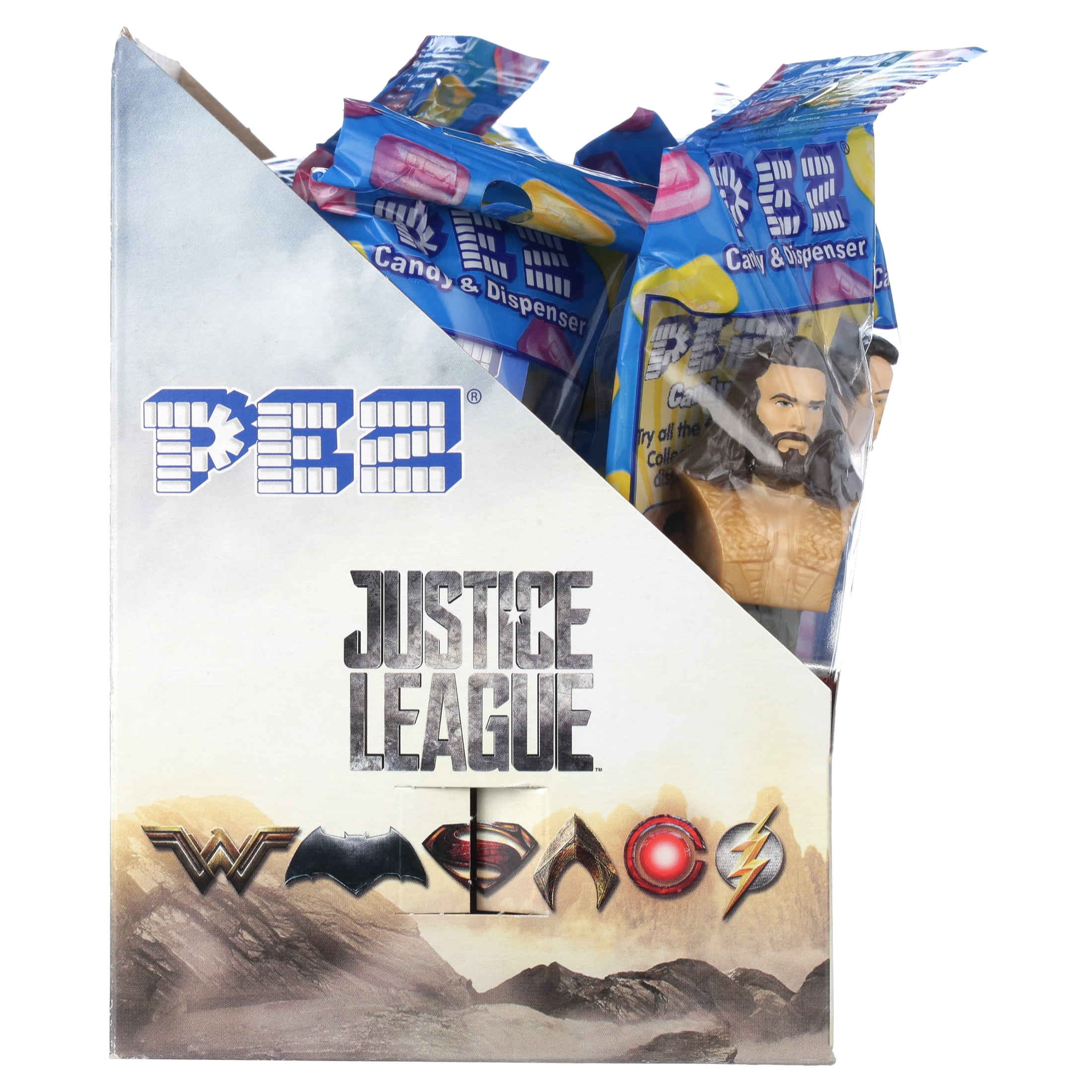 PEZ Candy Justice League Assortment, 1 Candy Dispenser Plus 2 Rolls Assorted Fruit Candy, 6.96 oz, Box of 12