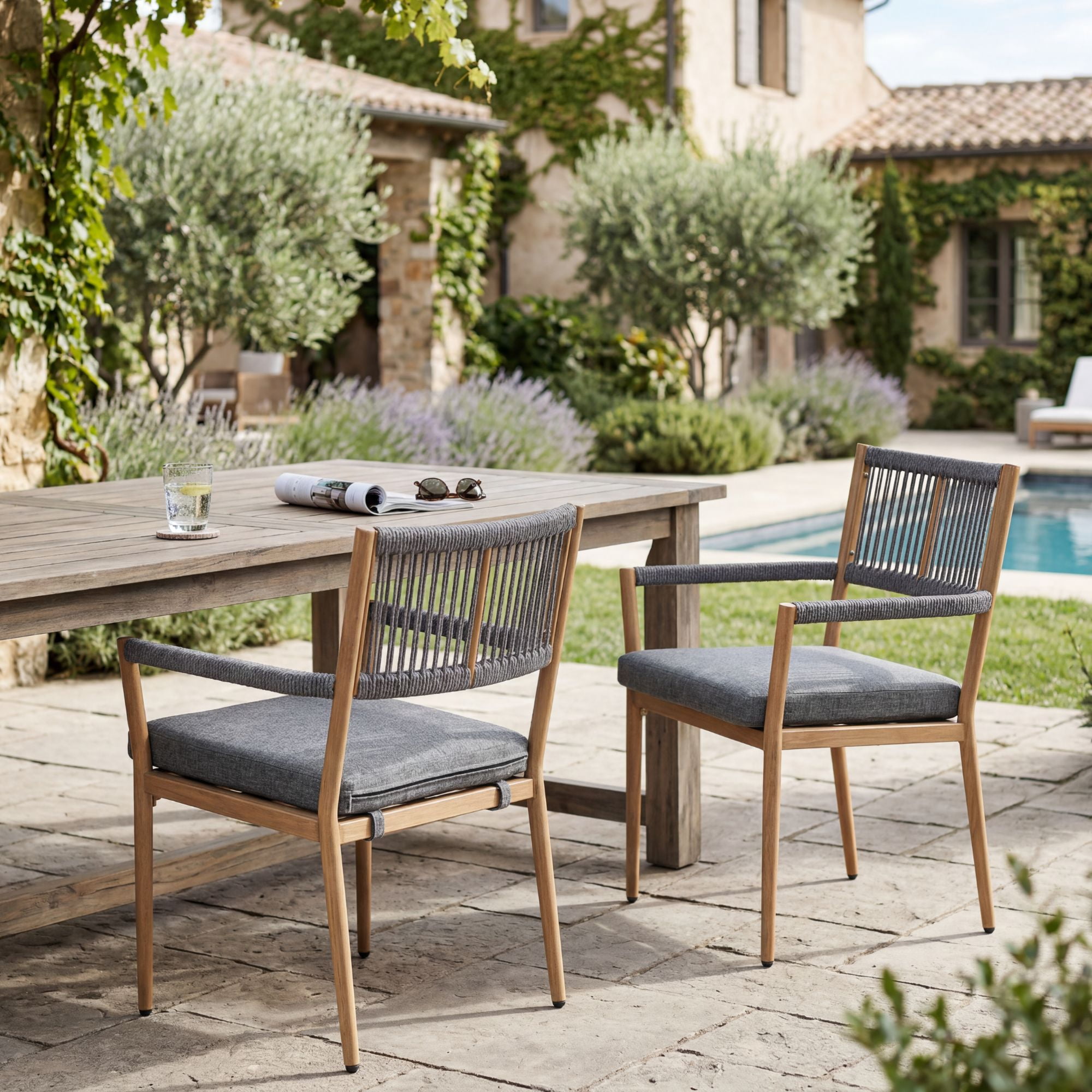 Dayalane Outdoor Dining Chairs Set of 2, Rope Rattan Patio Chairs with Cushions & Armrests, Weather-Resistant Metal Frame for Patio, Balcony/Bistro, Dark Grey