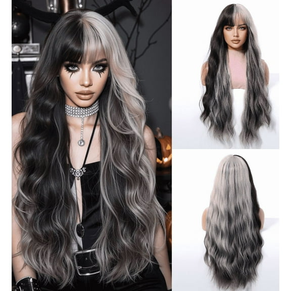 Fantly Halloween Role Playing Hair Set Fashion Big Wave Long Curly Hair Silver Grey Crossdye Wig Female Full Headset Wig