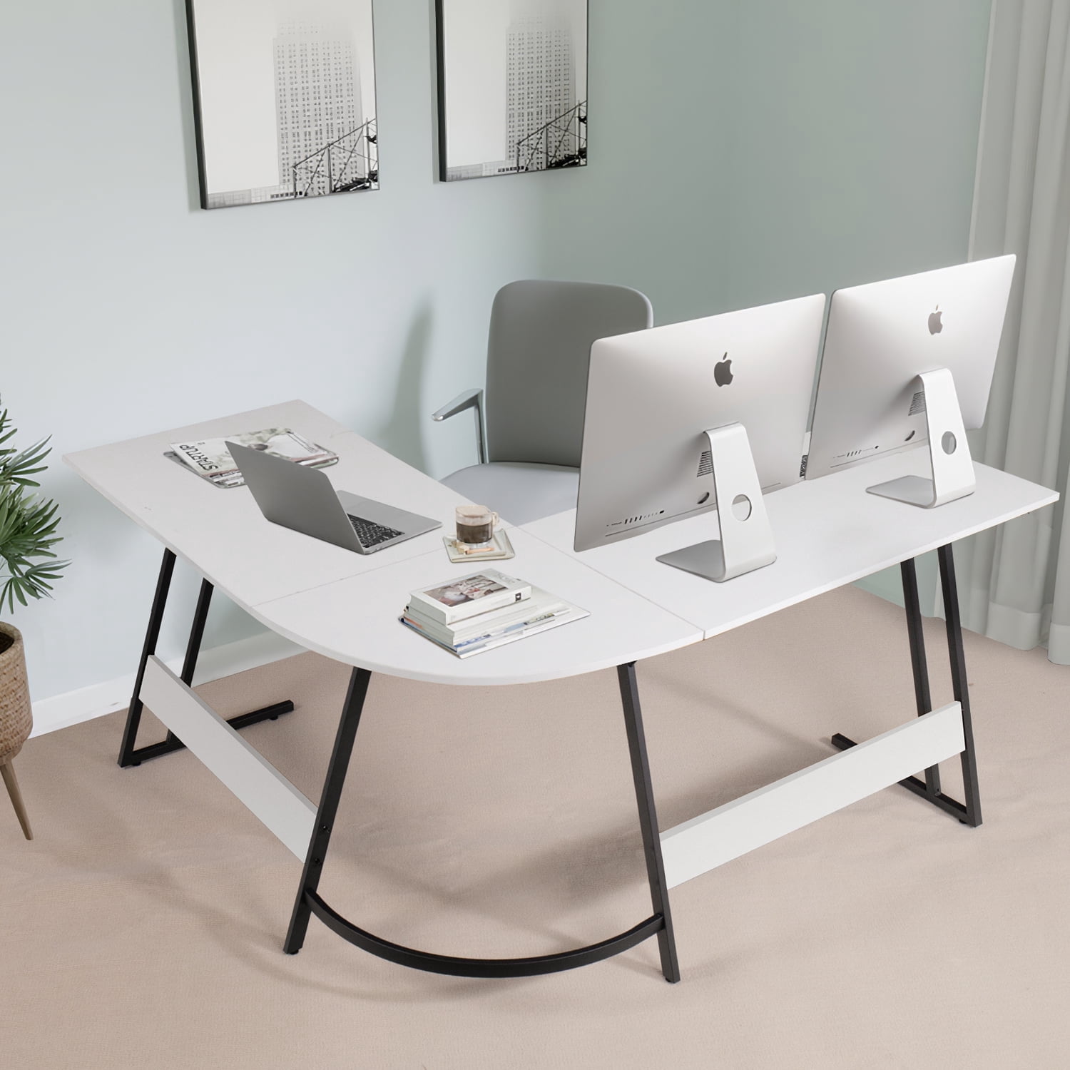 Lacoo Home Office Writing Desk Modern L-Shape Computer Desk, White