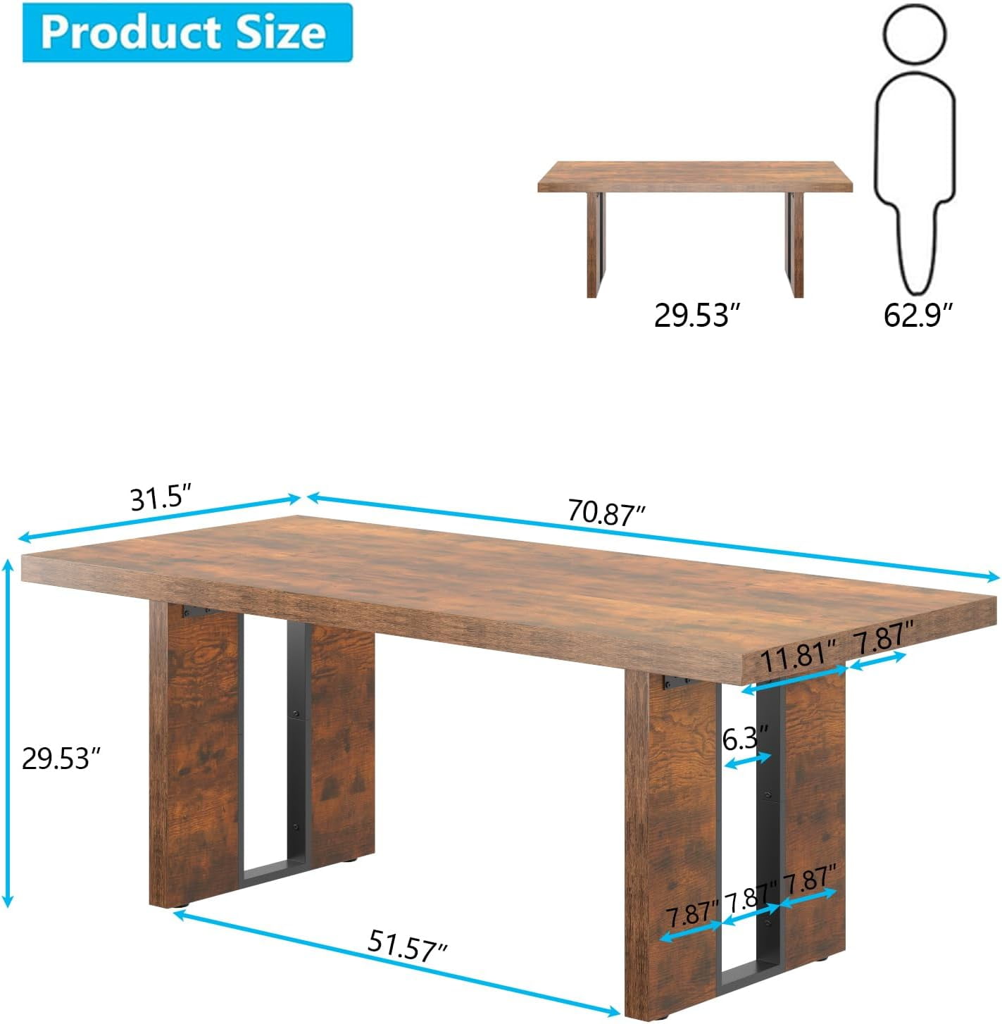 71" Rustic Farmhouse Dining Table for 6-8 People, Rectangular Thick Wood Kitchen Table with Heavy Duty Legs, Large Dinner Table for Dining Room, Kitchen, or Home (Rustic Finish)