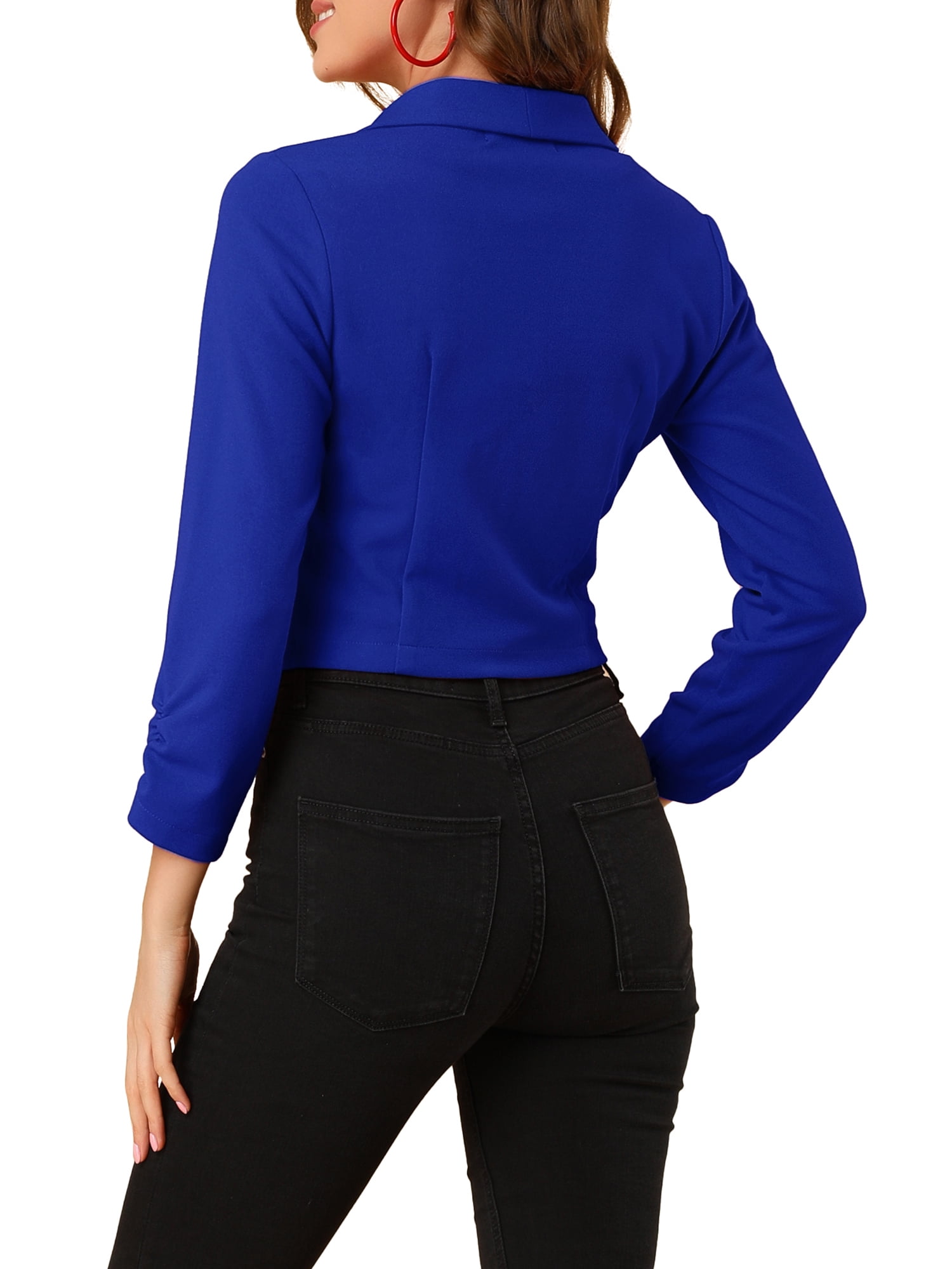 DARING DIVA Women's Notched Lapel Ruched Sleeve Crop Blazer XS Blue