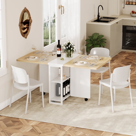 Folding Dining Table for 2-4, Farmhouse Foldable Dining Table with Drawer and Storage Shelf, 6 Wheels Drop Leaf Kitchen Dining Room Table for Small Space